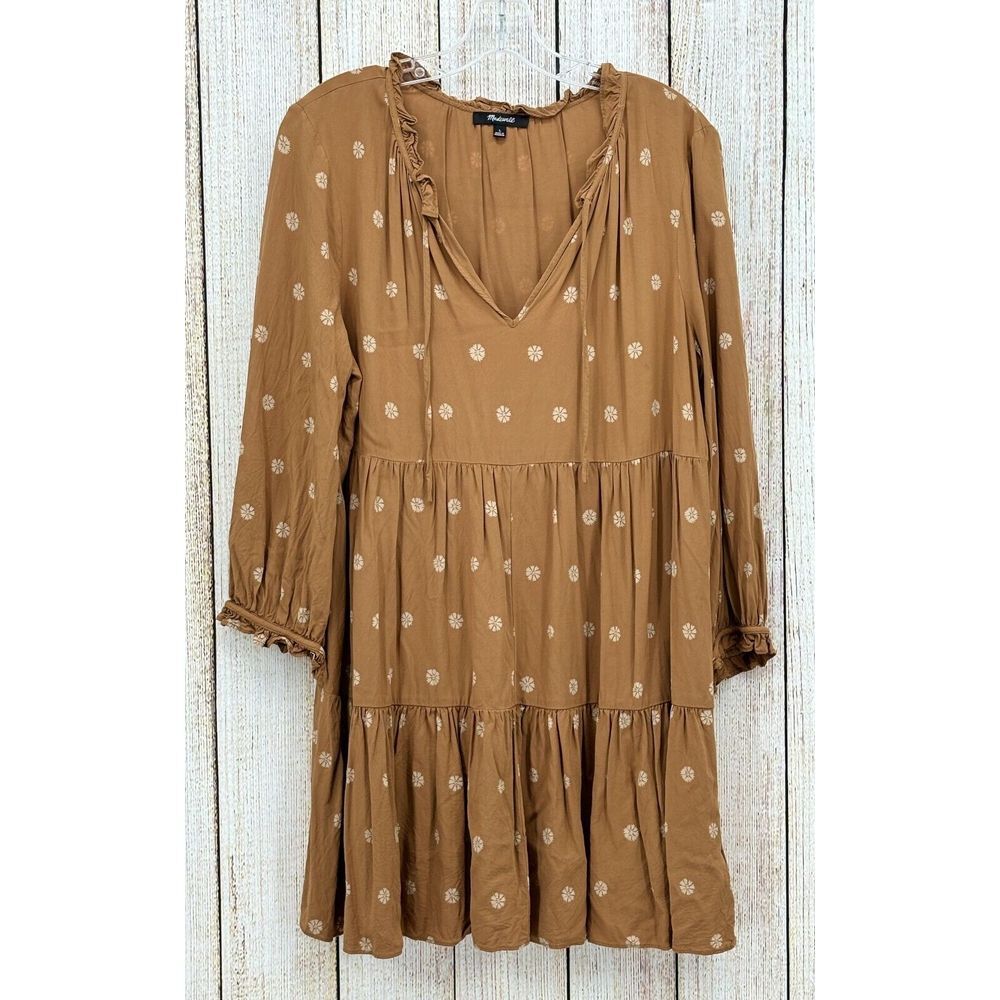 Madewell Dress Large Tie-Neck Tiered Mini Hickory Bloom Dot - Perfect for Fall!
